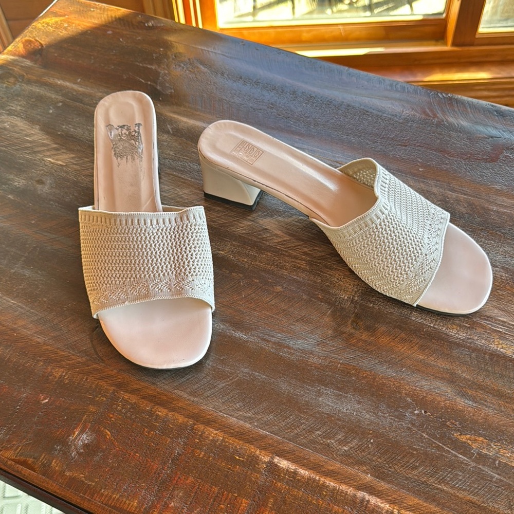 Women's Knit Mesh Slip On Block Heeled Mule Sandals Comfort Low Chunky Heel